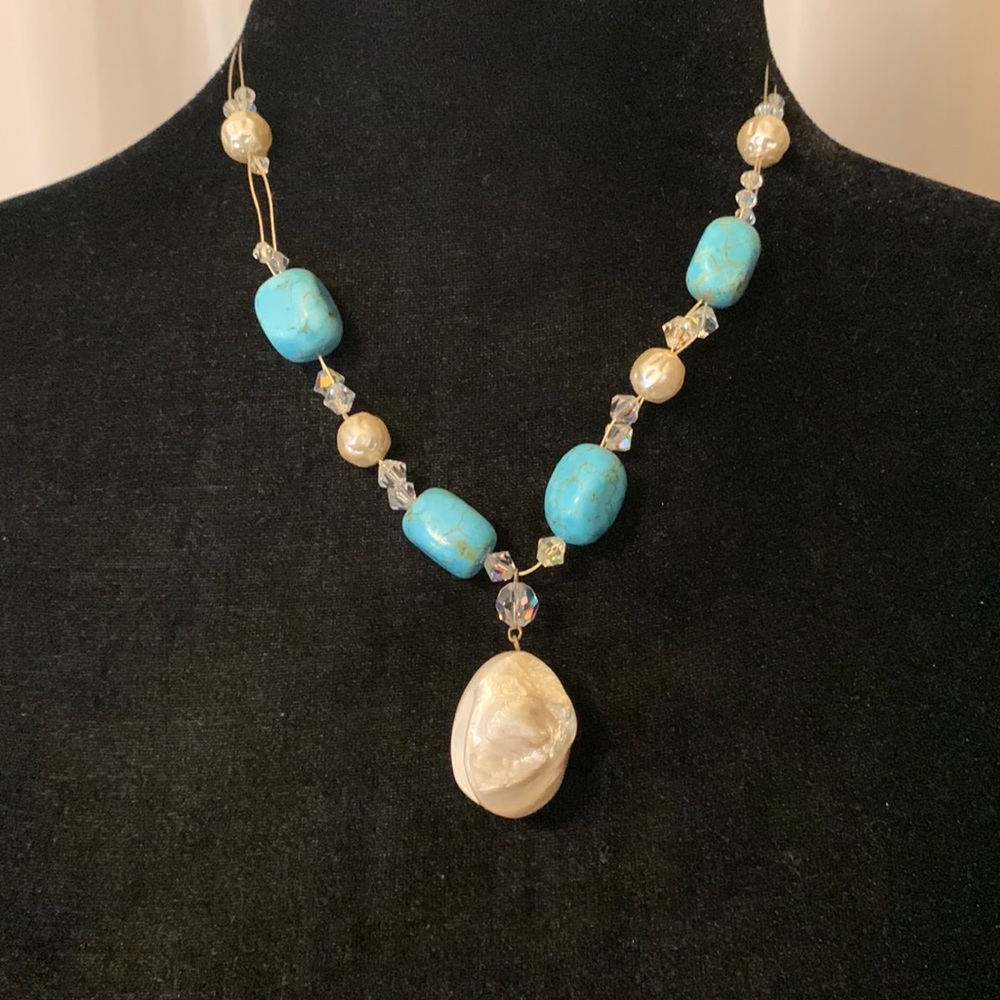 Turquoise/Crystal/Faux Pearl Handmade Necklace